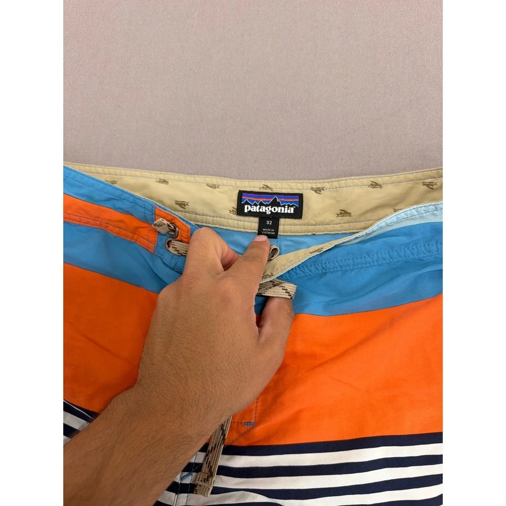 Patagonia Mens 32 Board Shorts Orange Blue Striped Swim Trunks 9 Inseam Nylon